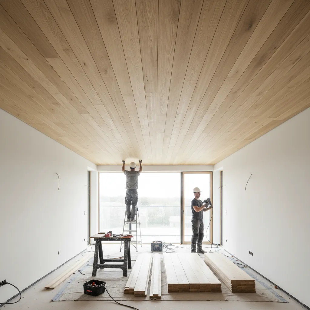 Instalación de paneles de madera en techo interior
