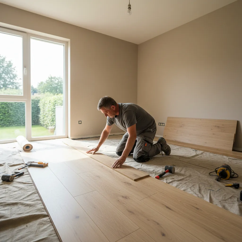Proceso de instalación de piso laminado en un dormitorio