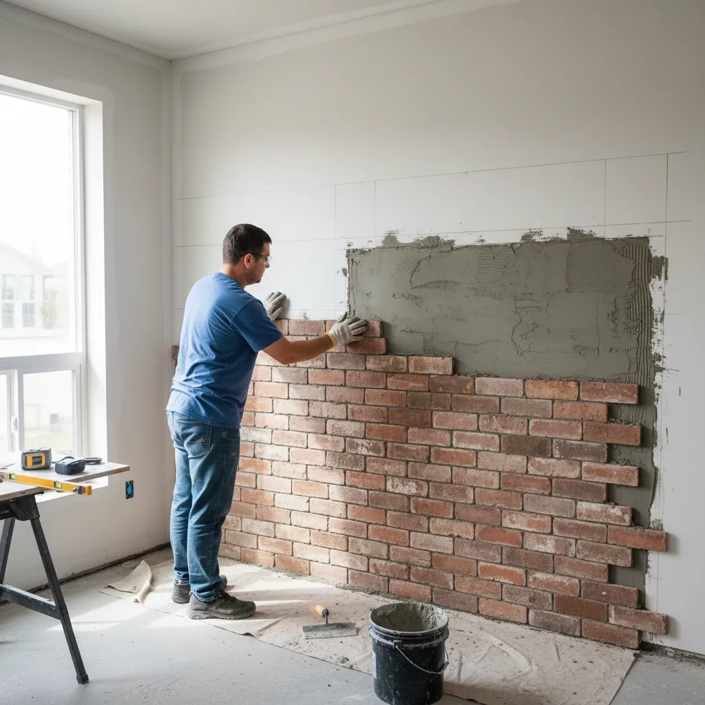 Man installing red brick wall tiles on a white wall inside a bright room layout