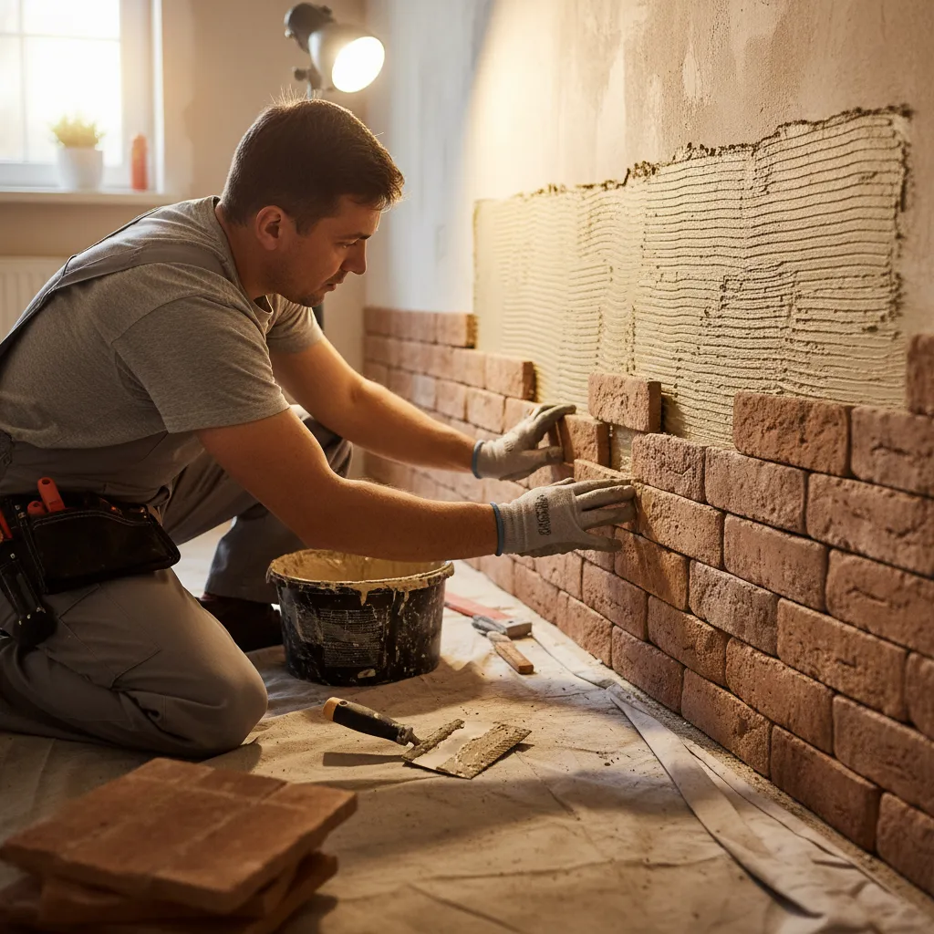 Proceso de instalación de plaquetas decorativas de ladrillo en una pared interior