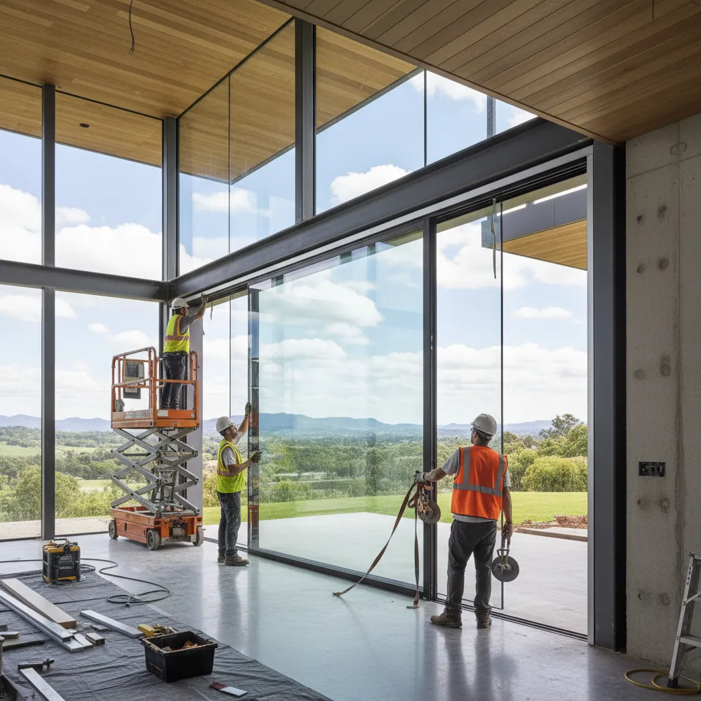Proceso de instalación de una gran puerta ventana de vidrio en una casa