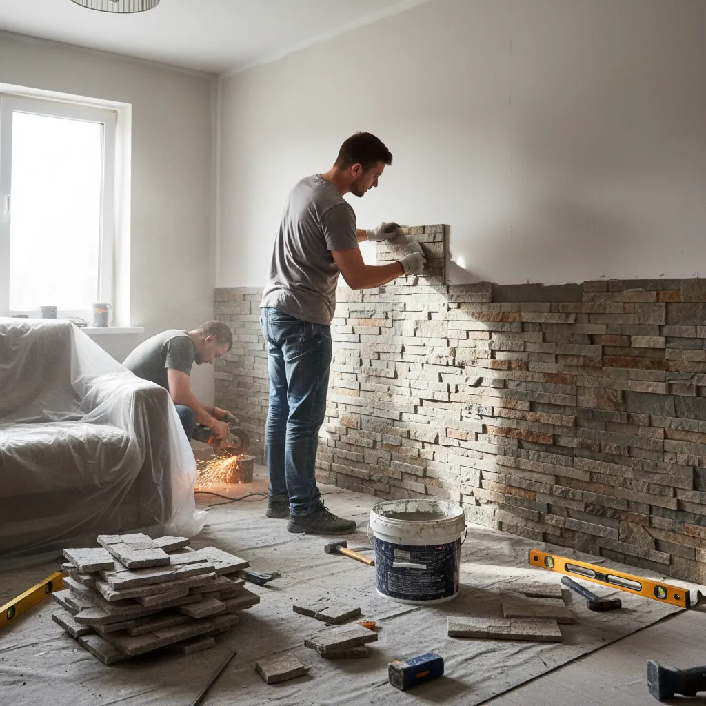 Instalación de revestimiento de piedra decorativa en pared interior