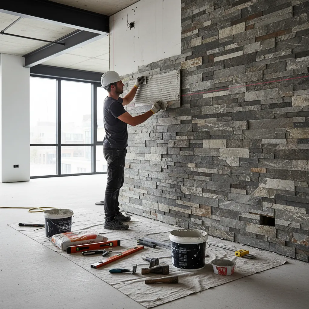 Proceso de instalación de revestimiento de piedra en pared interior