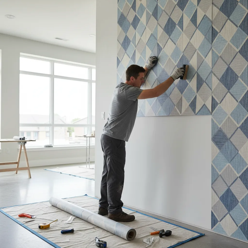 Professional worker applying blue geometric wall panel in a bright living area with floor tools