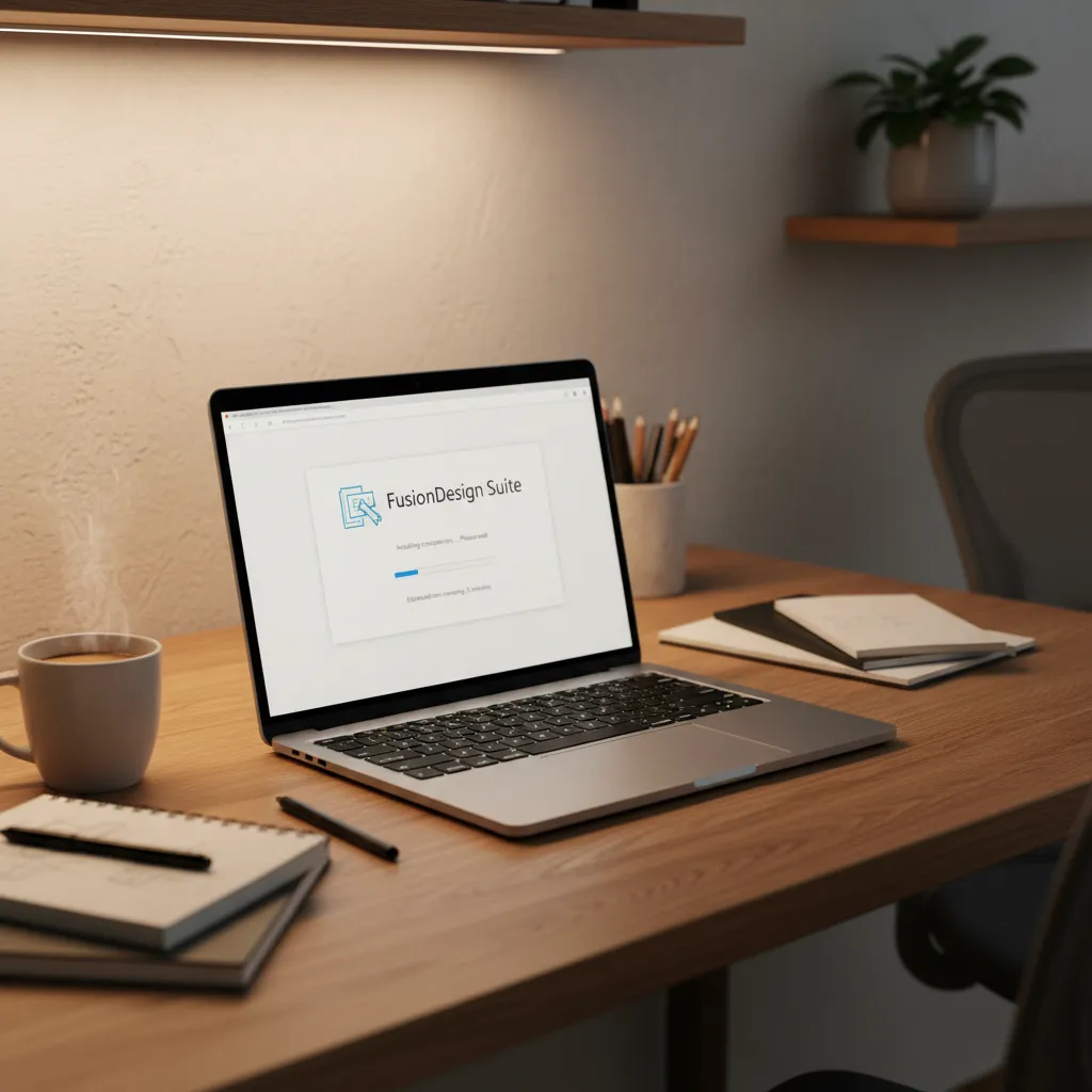Laptop on a wooden desk showing software installation progress next to a white coffee cup