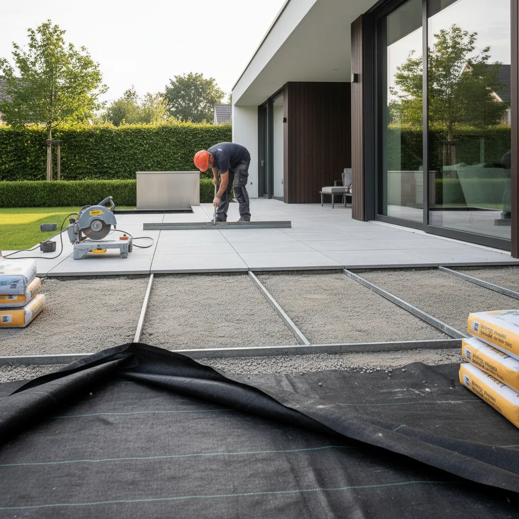 Worker installing large grey floor tiles on backyard patio with a saw and leveling tools