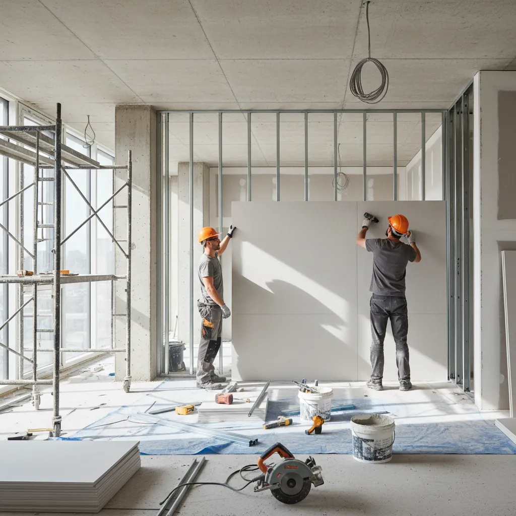 Two construction workers in orange hats are installing a white wall panel in a new room