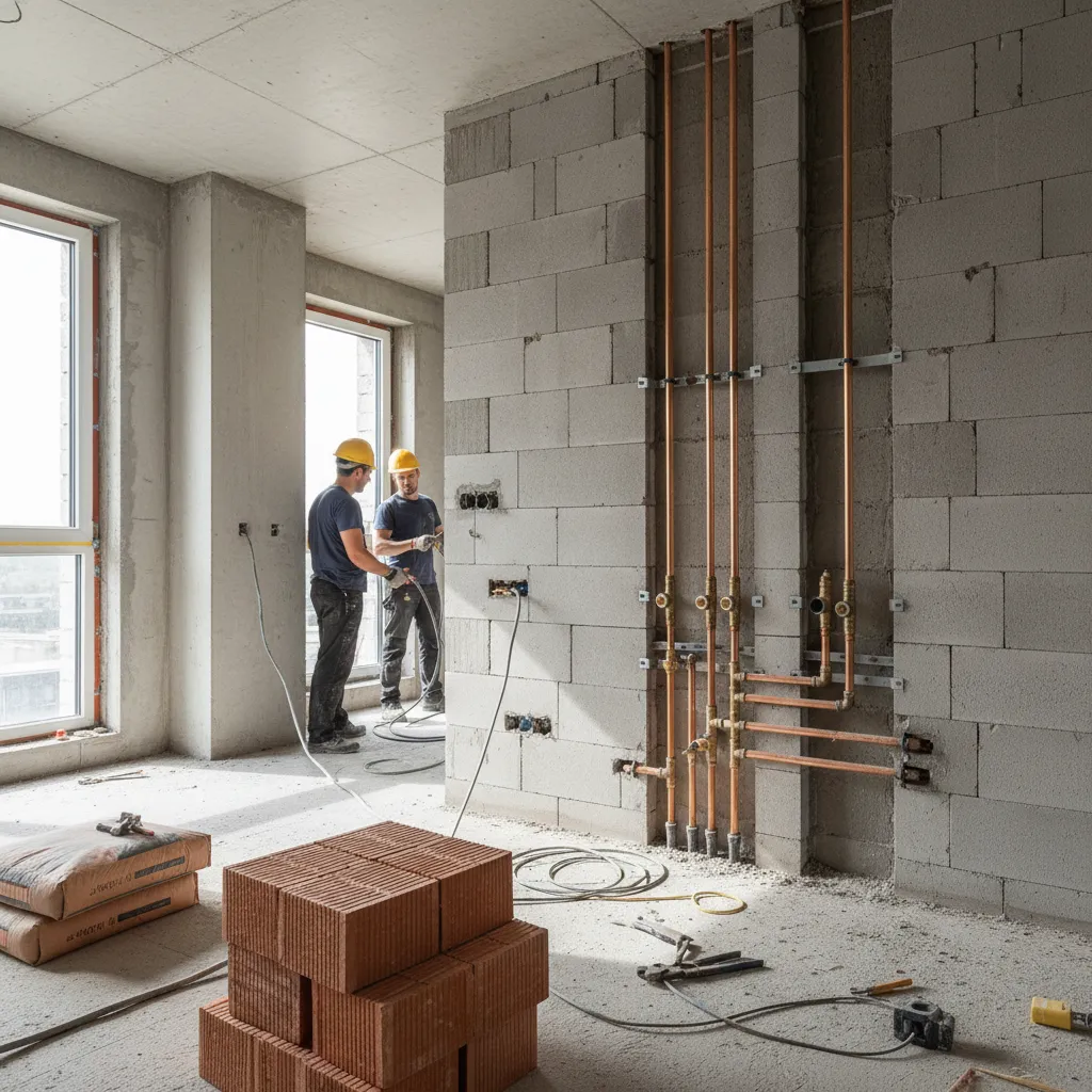 Two workers in yellow hard hats installing copper water pipes on a gray block wall