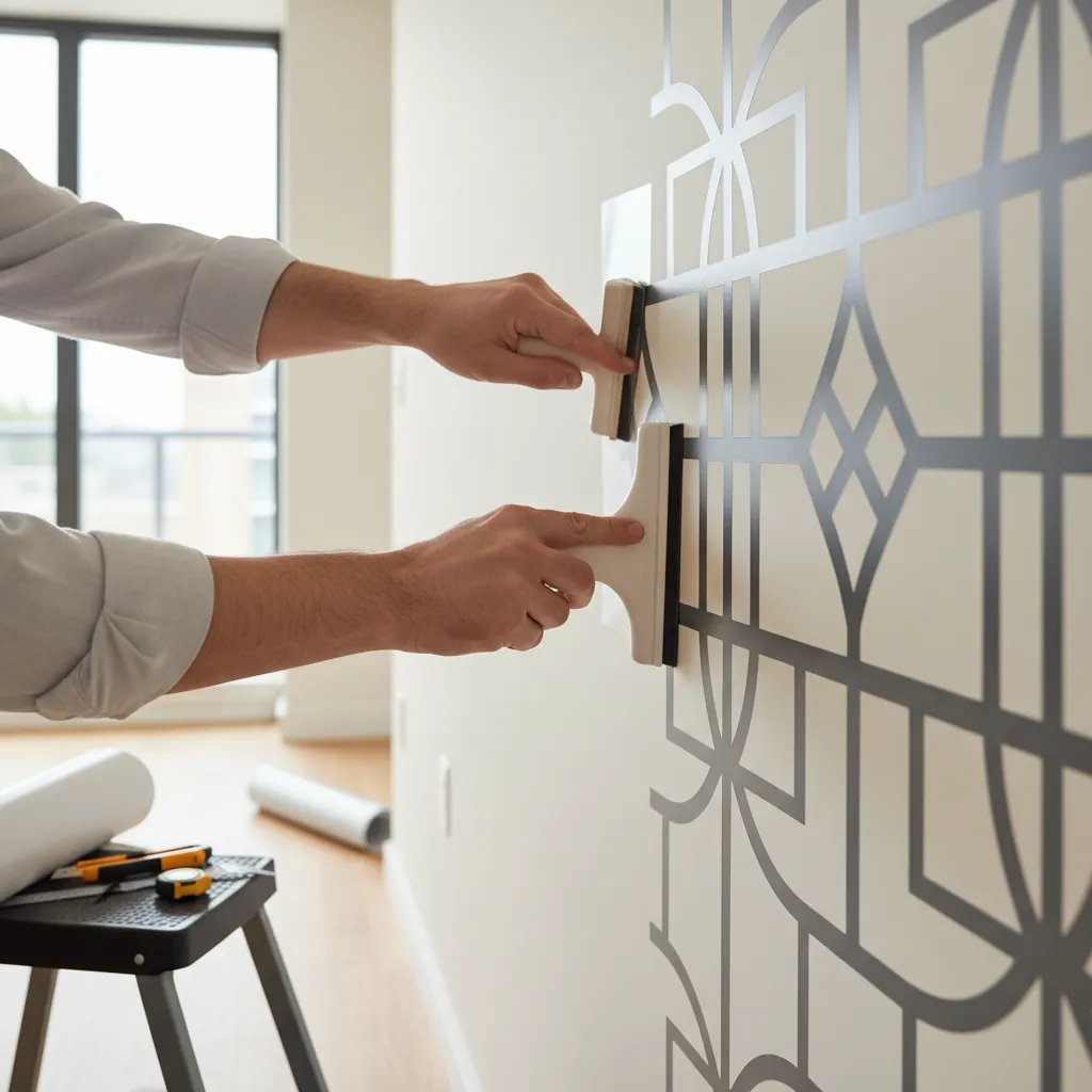 Proceso de instalación de vinilo decorativo en una pared lisa