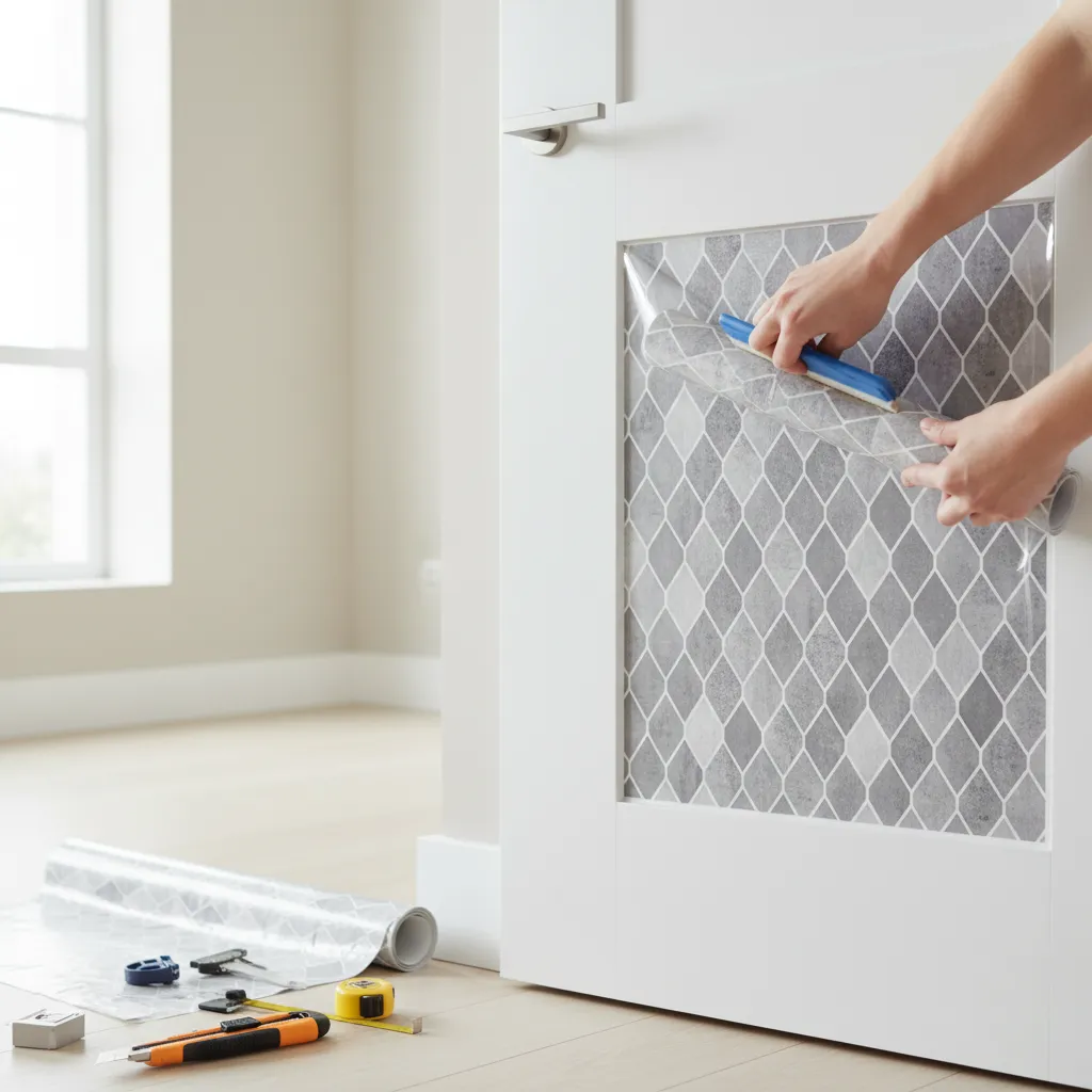 Proceso de instalación de vinilo decorativo en una puerta interior