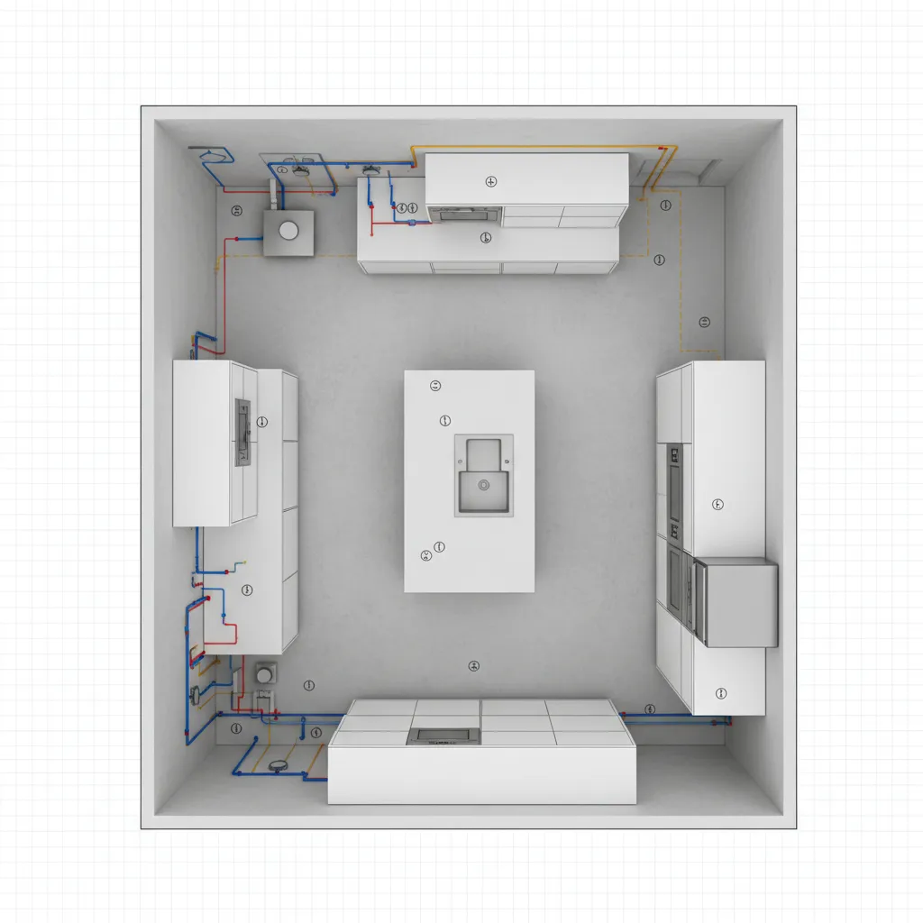 Plano técnico de cocina mostrando instalaciones de agua y electricidad