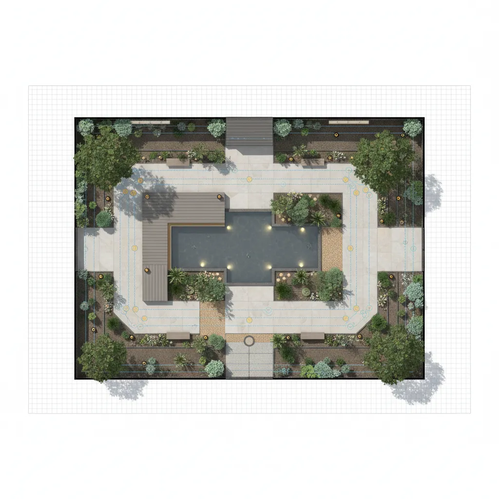 Plano técnico de jardín mostrando drenaje e iluminación