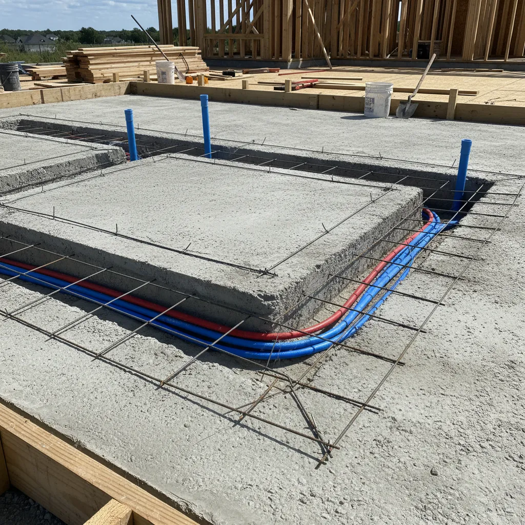 Instalaciones eléctricas y sanitarias integradas dentro de una losa residencial