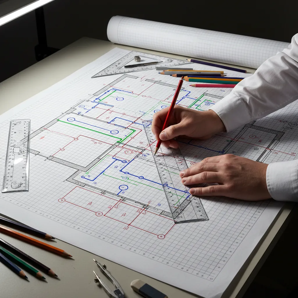 Plano técnico con símbolos eléctricos y de fontanería en diseño interior