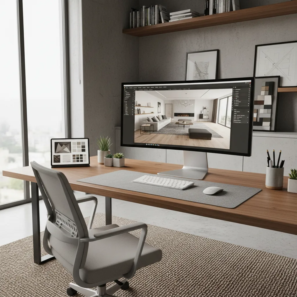 Workspace with wooden desk grey office chair and wide monitor showing an interior design drawing