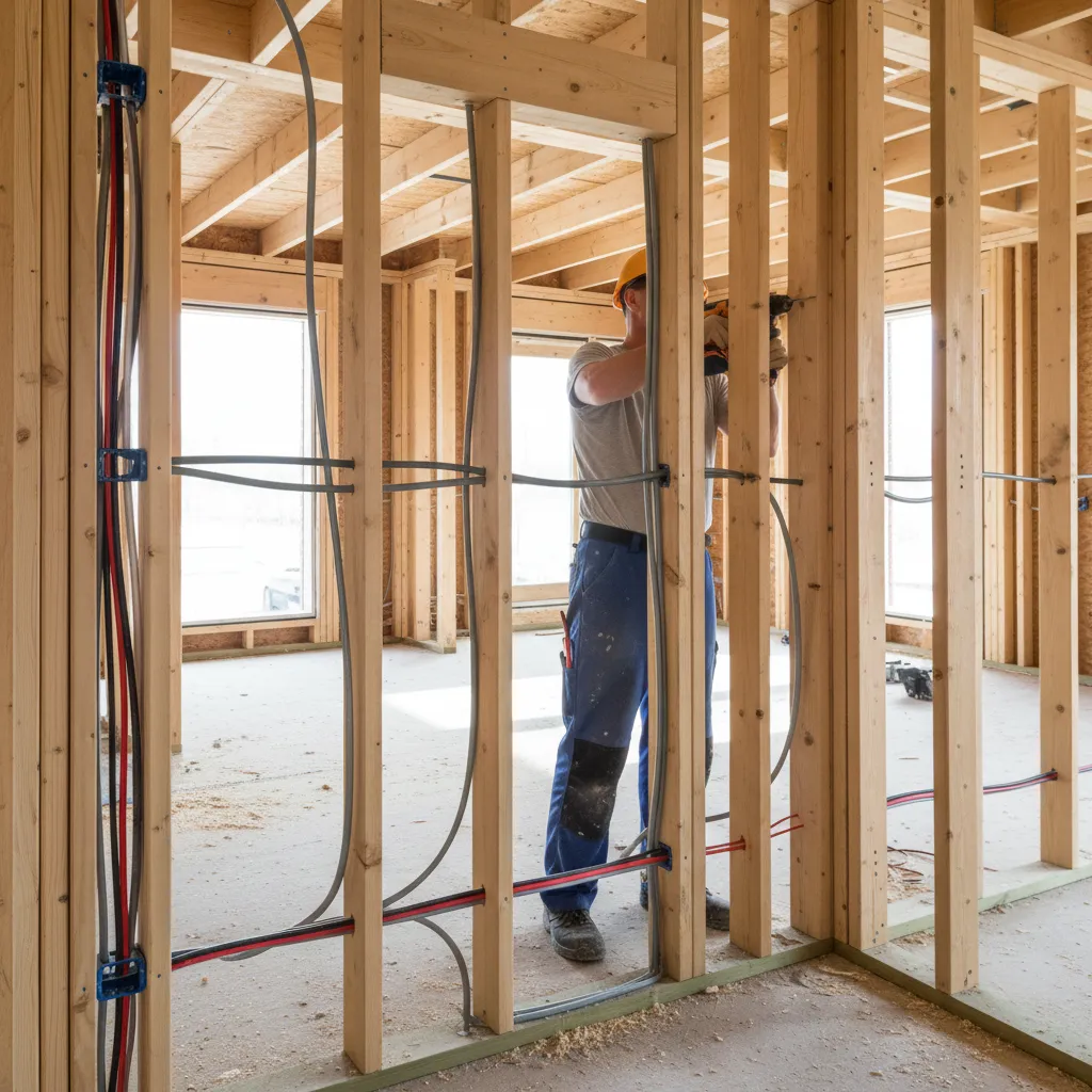 Proses pemasangan kabel listrik di dalam dinding rumah