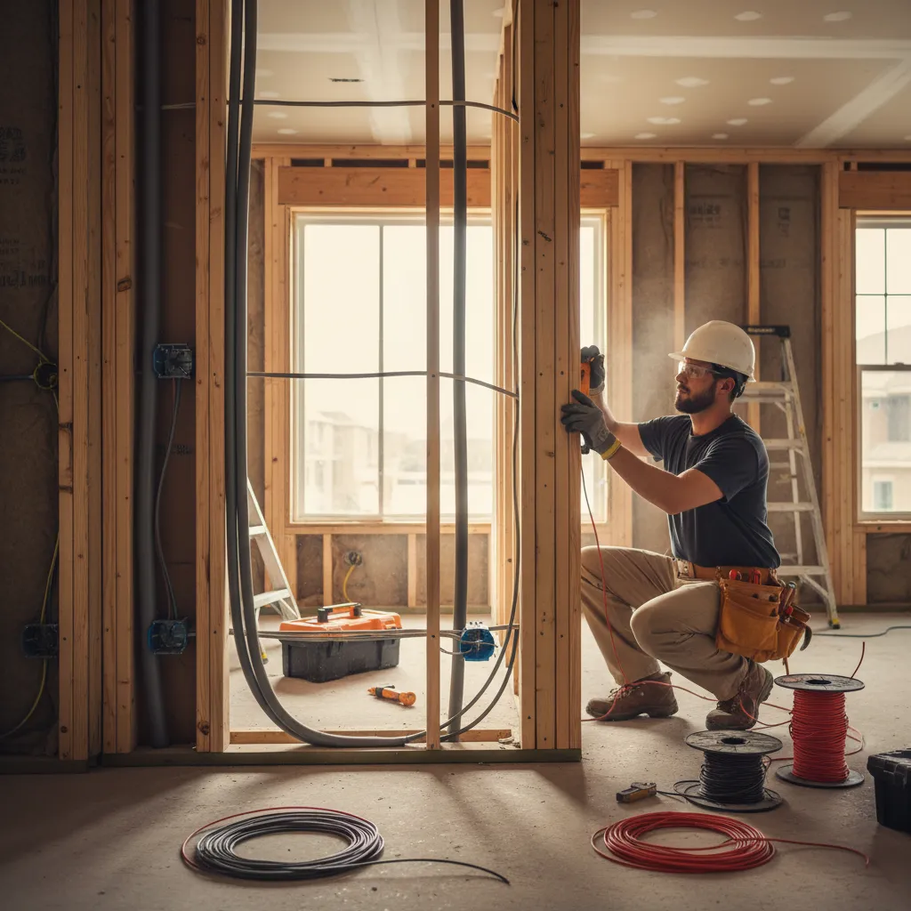 Man in hard hat installing electrical wiring inside wooden wall frames during a home renovation