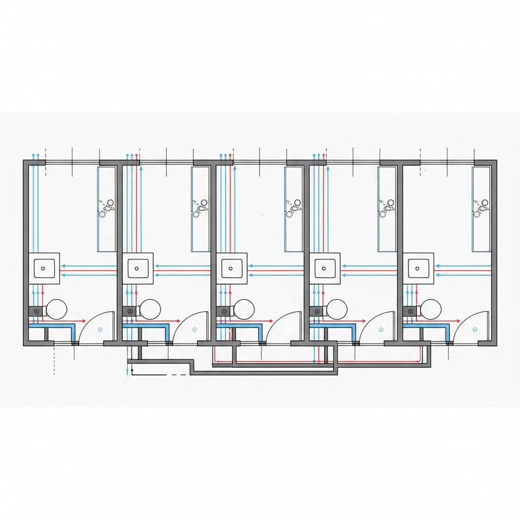 Plumbing diagram showing blue and red water pipe lines for five separate small bathroom rooms