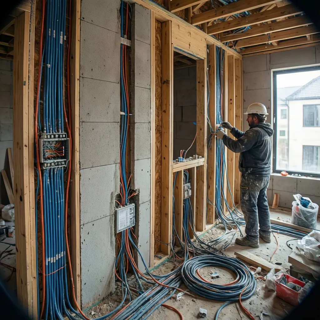 Worker in hard hat installing blue and orange electric wires inside room under home construction
