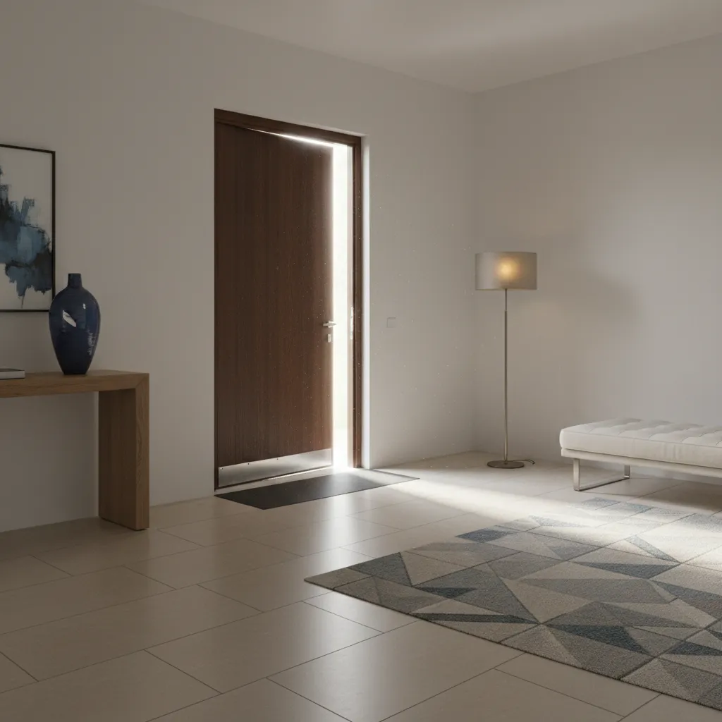 installed rubber door sweep sealing against door threshold