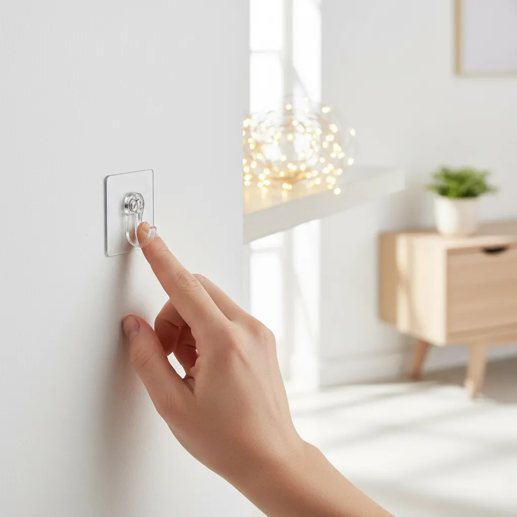 Hand installing adhesive hook on wall for hanging photo clip lights