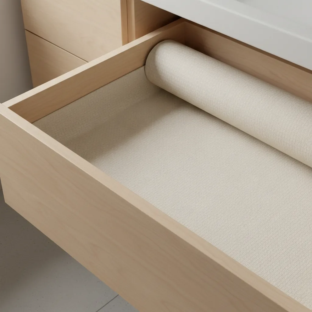 drawer liner installed with small ventilation gap in vanity drawer