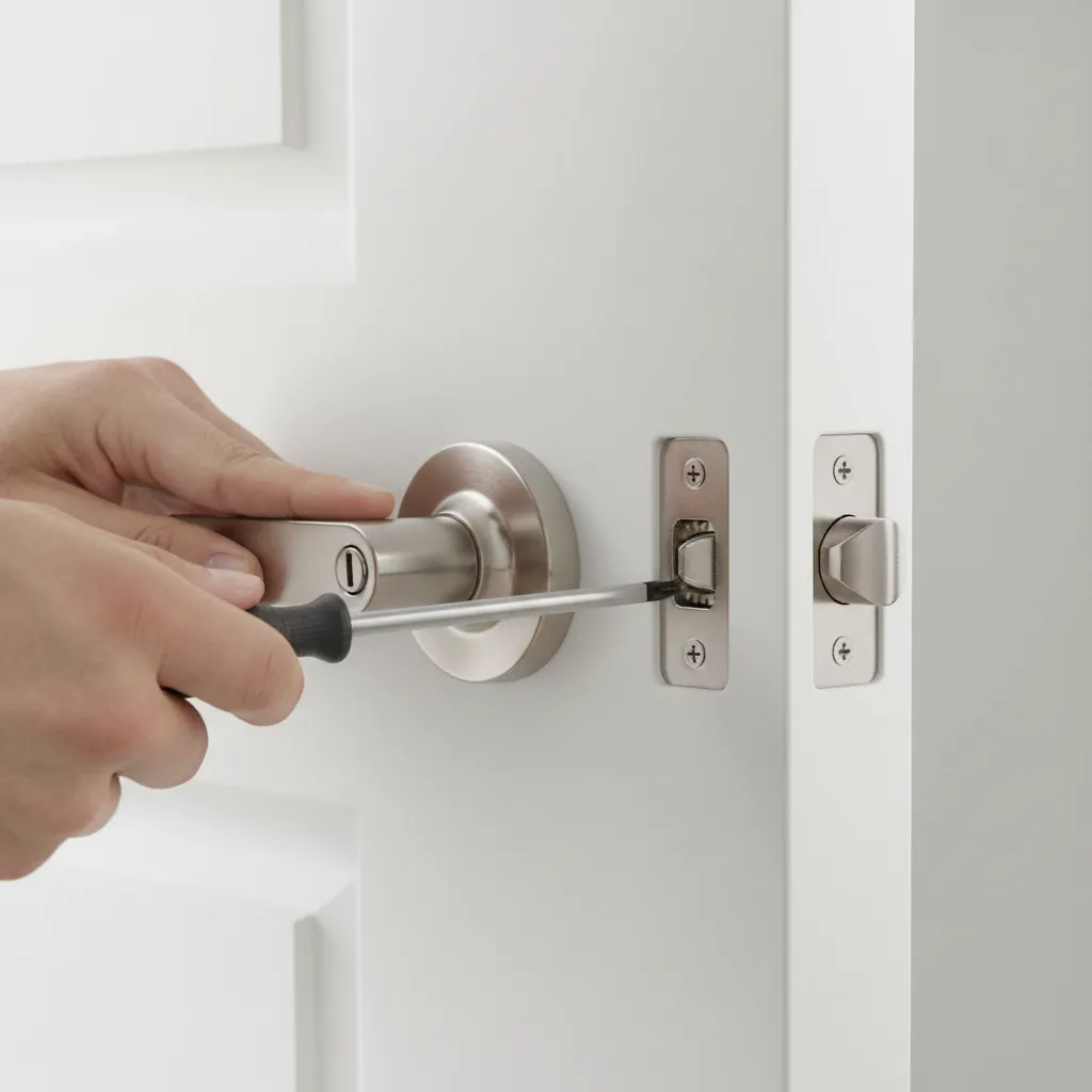 Installing a bathroom privacy lock into interior door latch hole