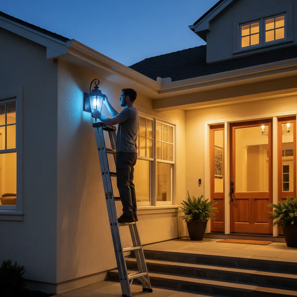 Homeowner installing a blue porch light bulb in an outdoor wall fixture