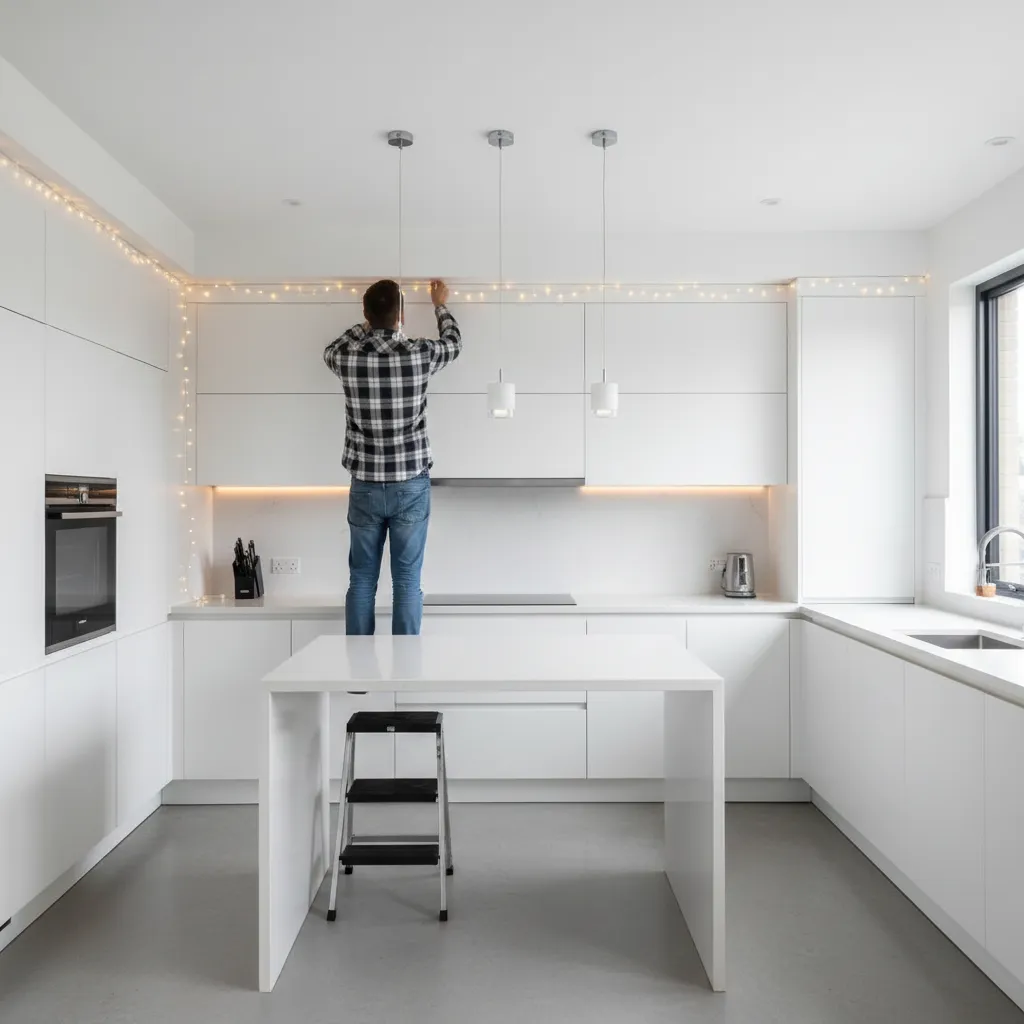 Person installing warm LED Christmas lights along kitchen cabinet tops