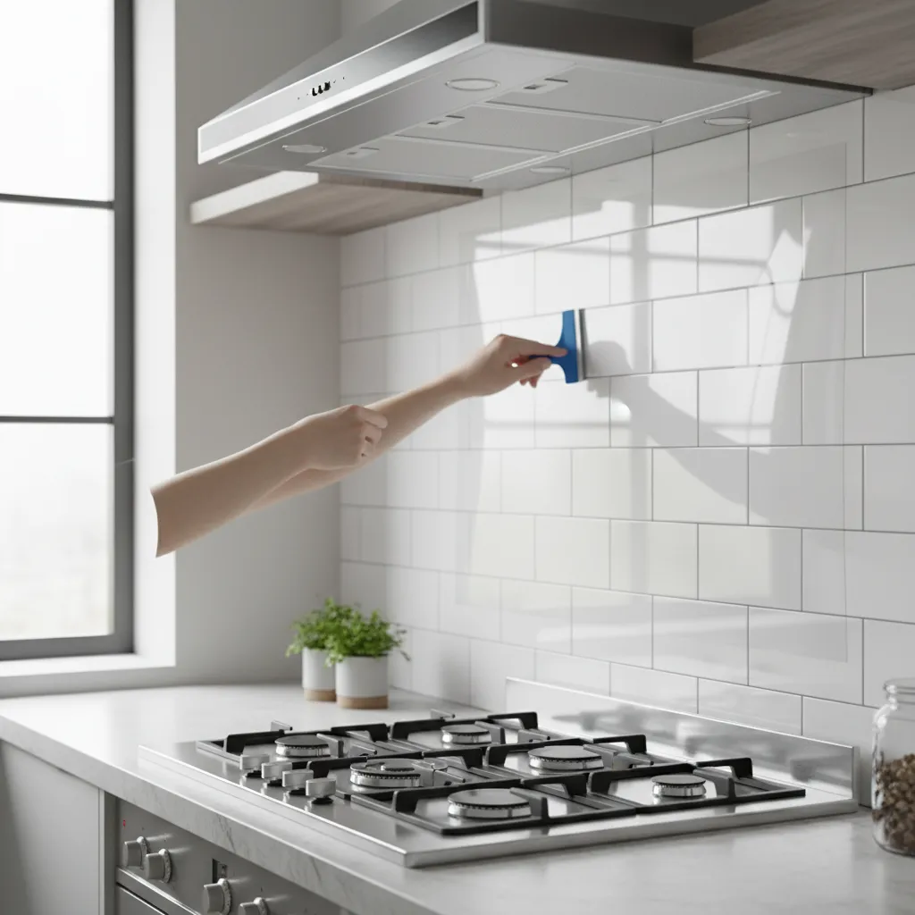 Hand using blue scraper to apply clear protective film on white kitchen wall behind stove
