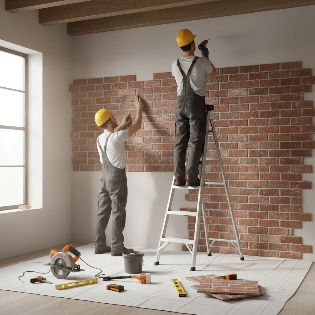 Contractor installing faux brick wall panels on interior drywall