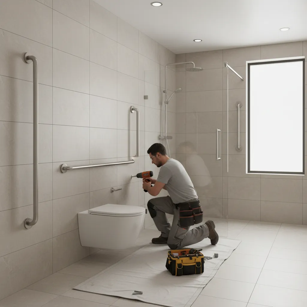 Contractor installing grab bars in senior bathroom for safety upgrade