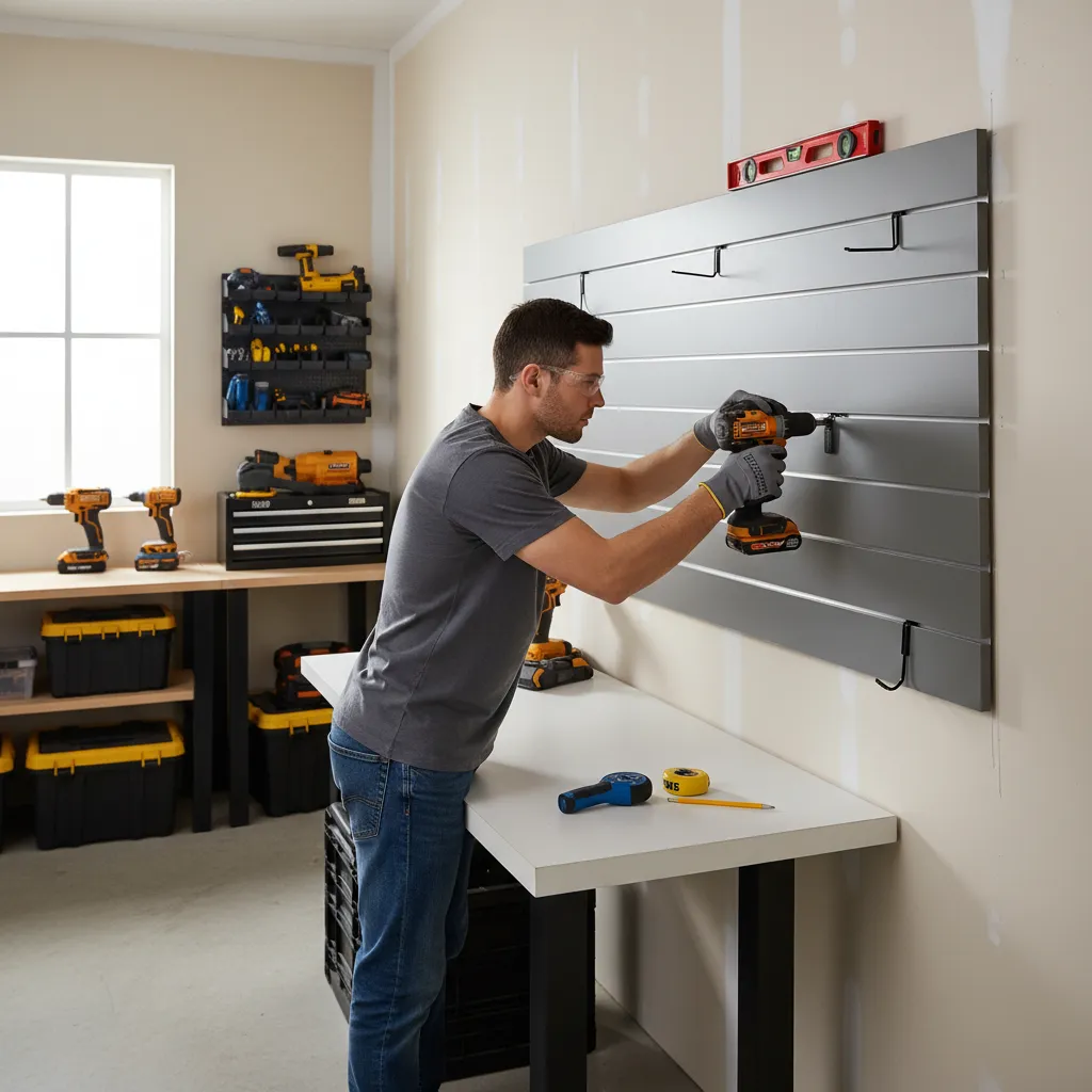 drilling slatwall gun panel into wall studs during installation