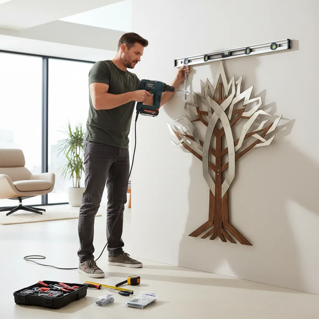 Person installing heavy wall sculpture using drill and anchors