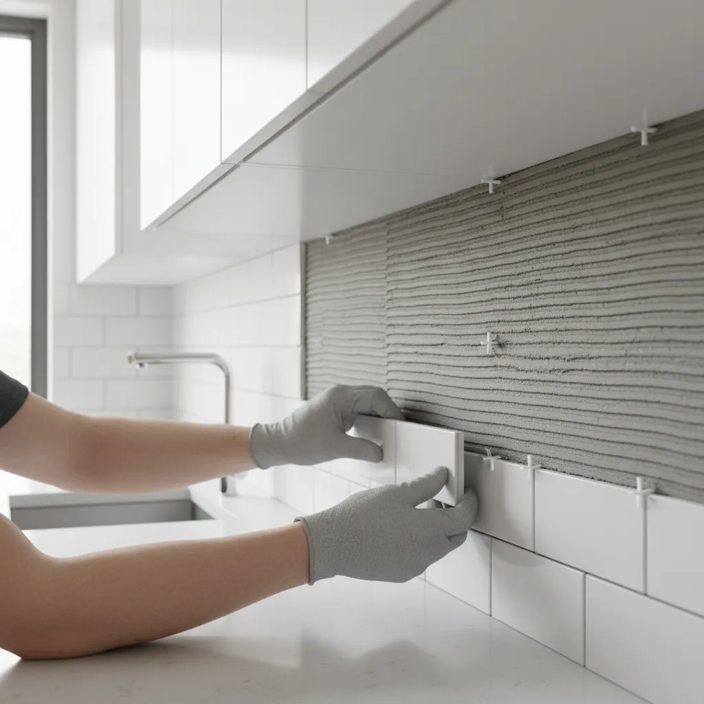 Installer placing backsplash tiles with spacers on kitchen wall