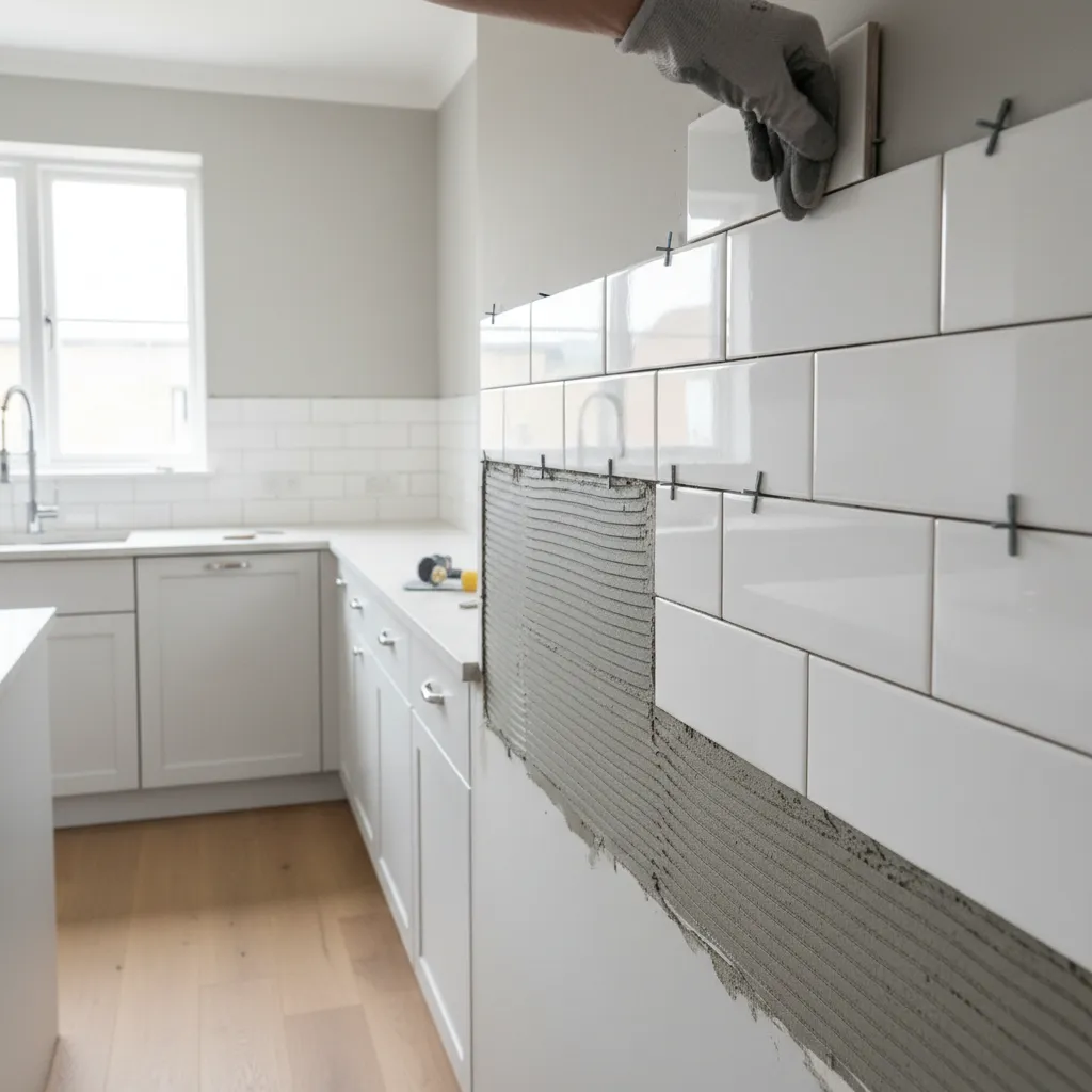 Installing kitchen backsplash tiles with spacers and adhesive