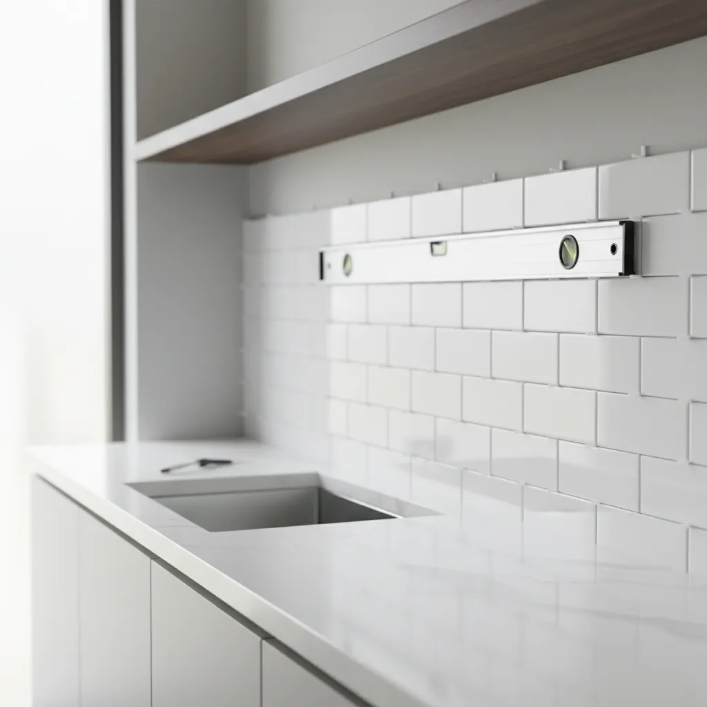 Kitchen backsplash tiles installed with spacers for even grout lines