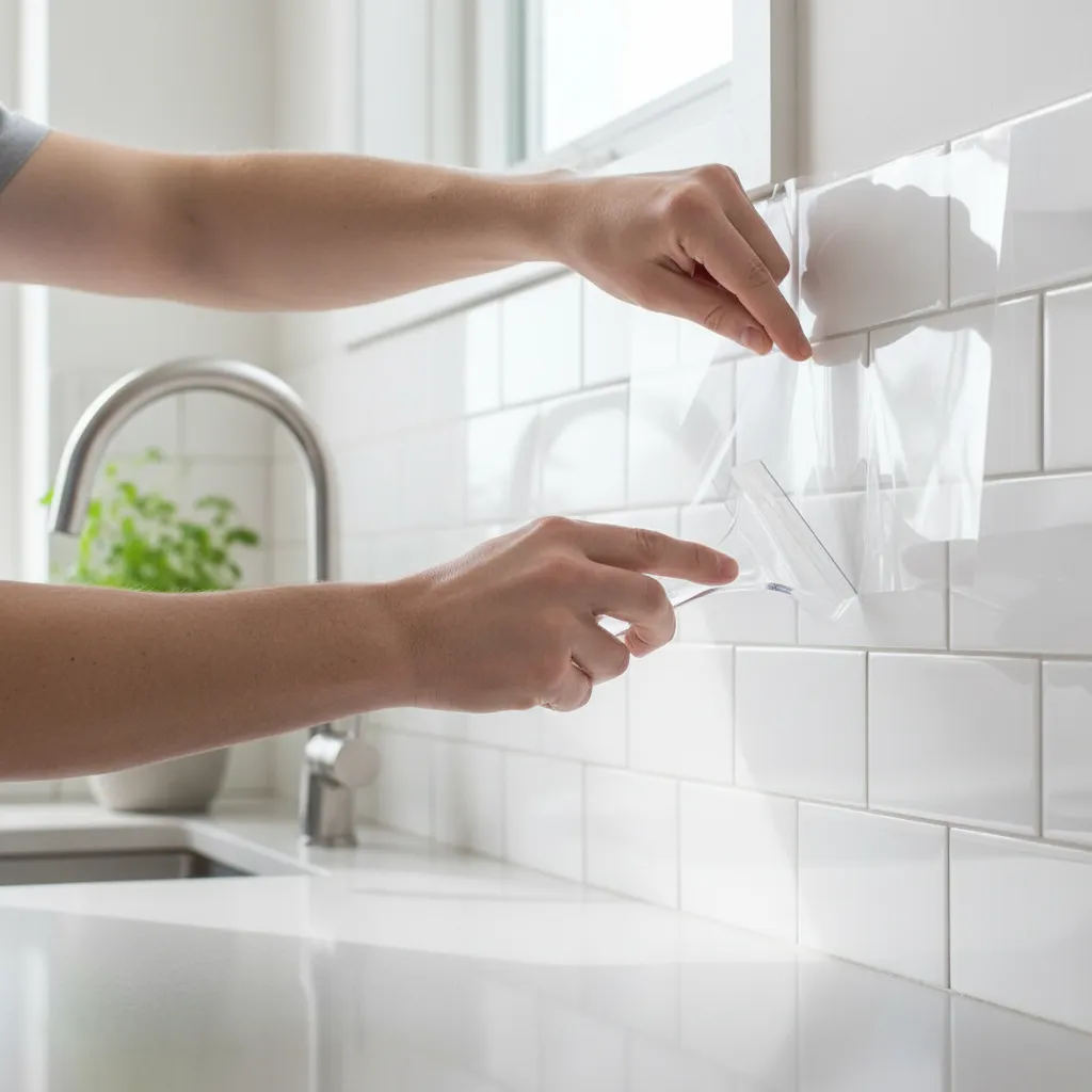 installing a clear oil proof wall sticker on a kitchen backsplash