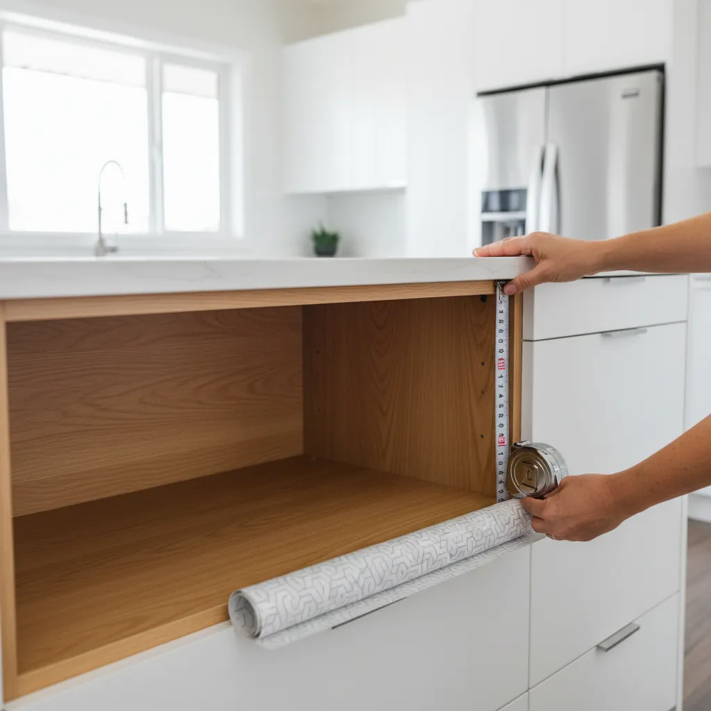 measuring cabinet shelf before installing liner in kitchen cabinet