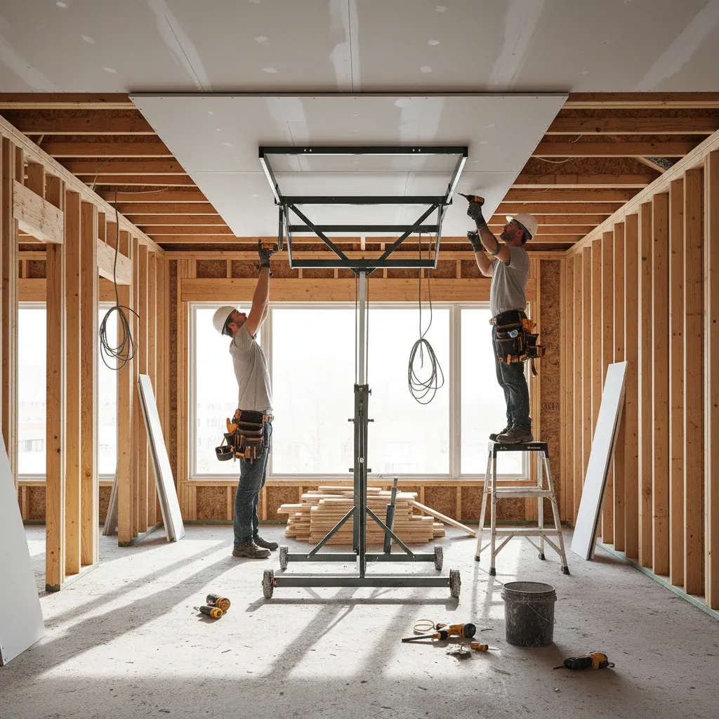 Workers installing large drywall sheets using a drywall lift in a new house