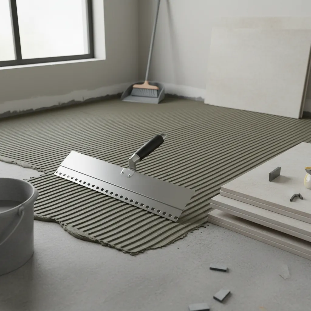 Applying mortar with notched trowel before placing new floor tiles