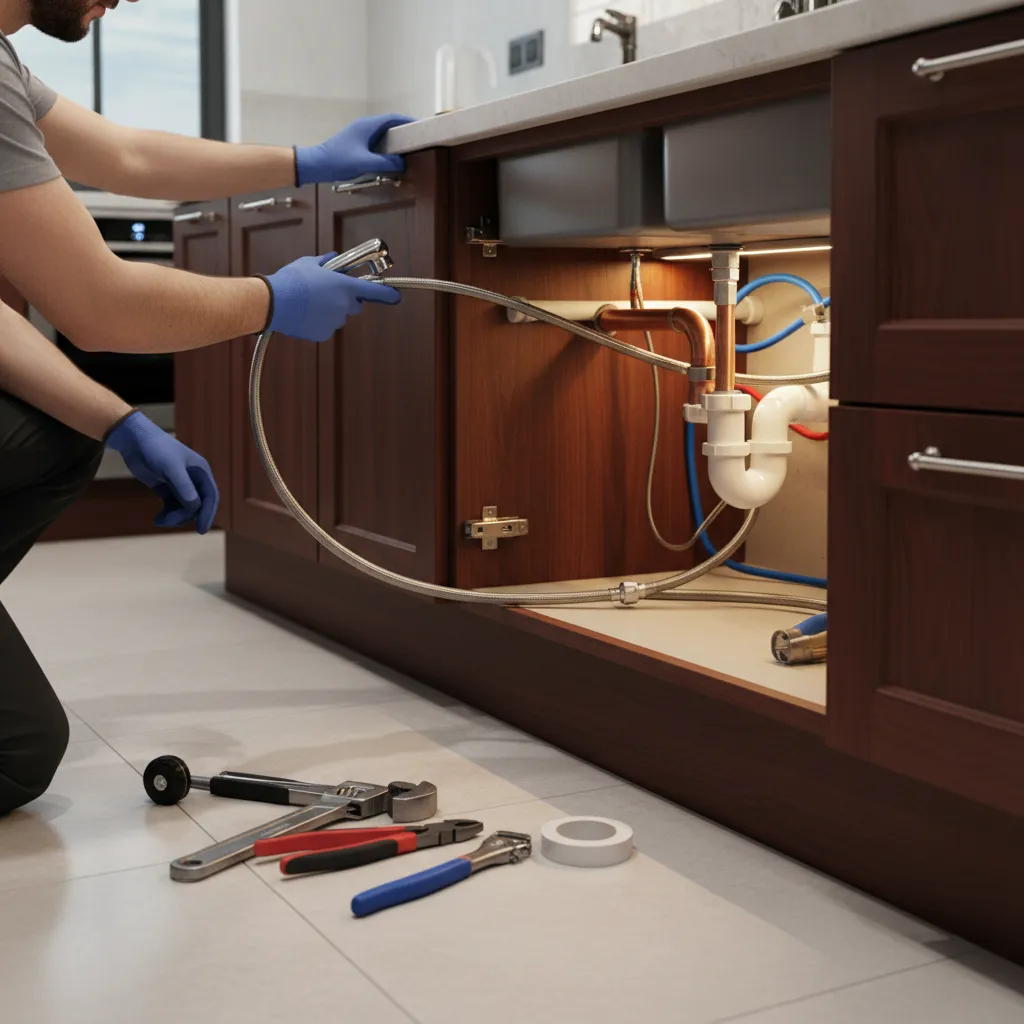 Plumber installing a replacement kitchen sink sprayer hose