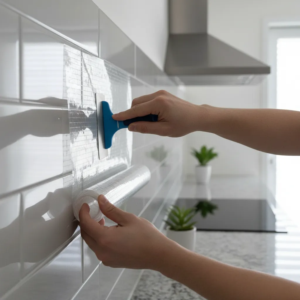 Person applying clear kitchen wall sticker to white tiles using blue scraper tool for oil protection