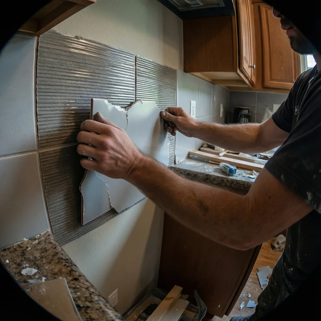Hands installing peel and stick tile backsplash on clean kitchen wall
