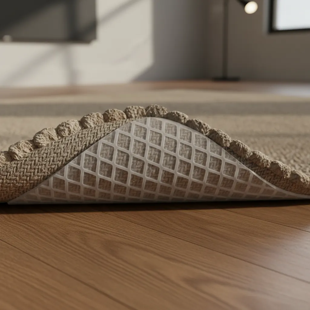 silicone rug corner gripper attached to underside of rug
