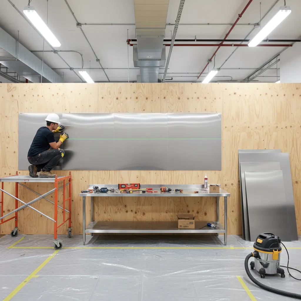Contractor installing stainless steel wall sheet in commercial kitchen