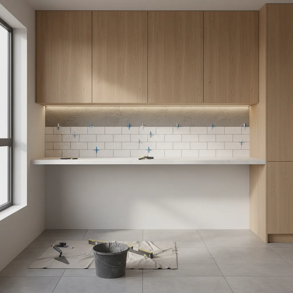 installing subway tiles on kitchen wall with spacers for backsplash alignment