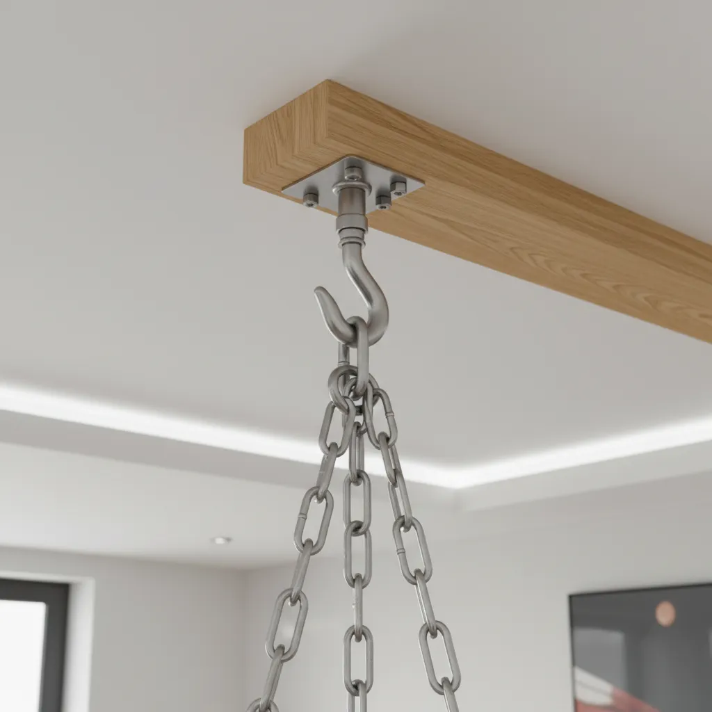 Installing ceiling swag hook for chandelier above dining table