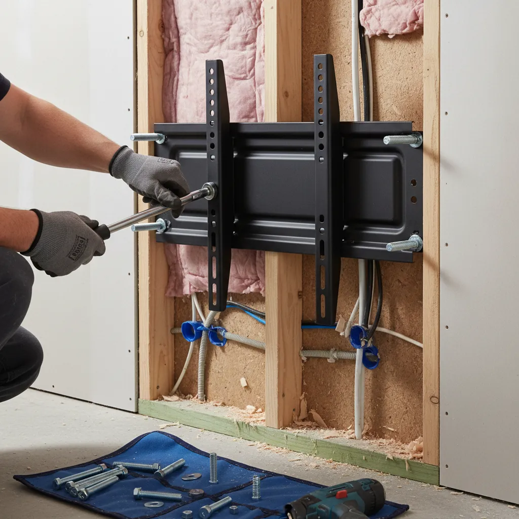 Installer tightening lag bolts into wall studs while installing a TV wall mount