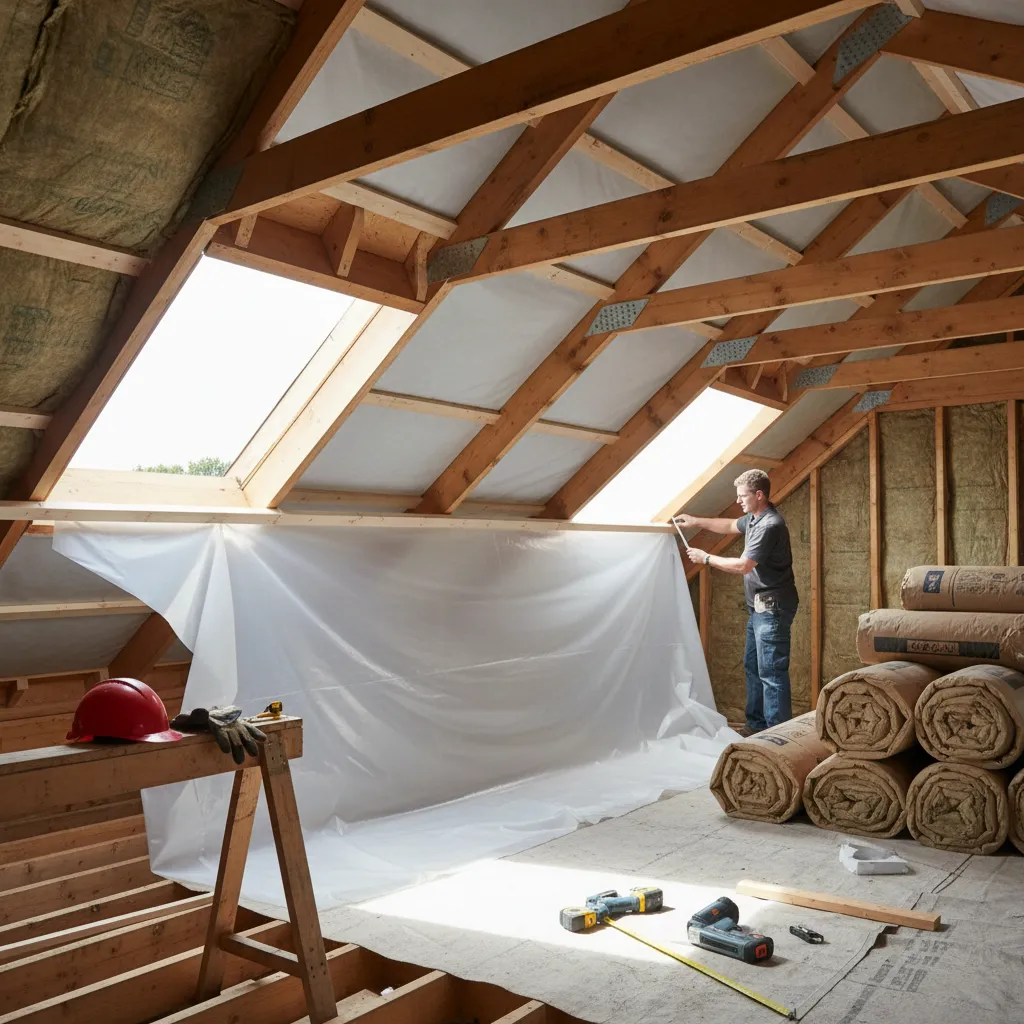 contractor installing vapor barrier sheet under metal roof insulation